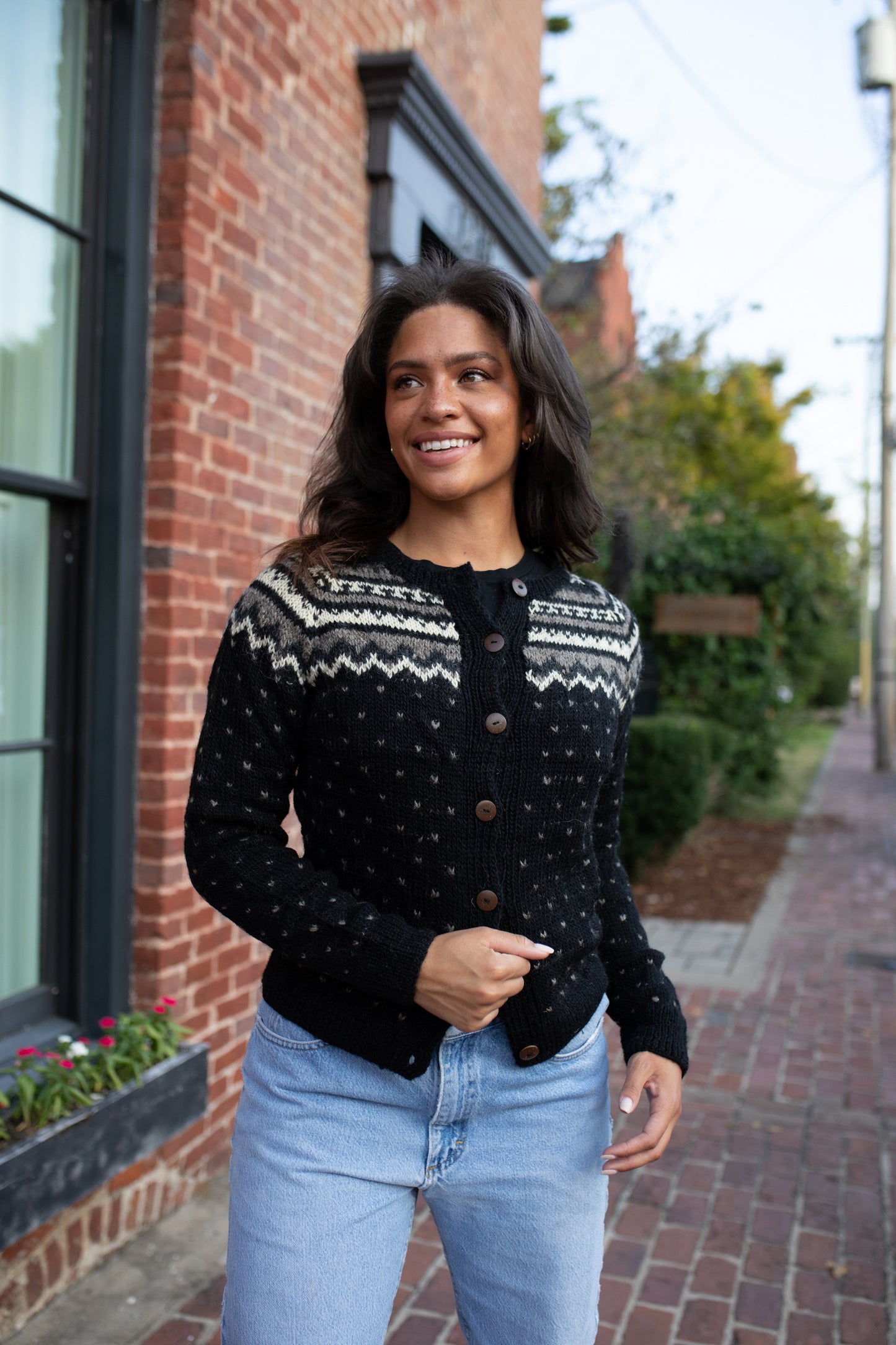 Hand Knit Nepali Wool Florence Cardigan Sweater in Black Made to Order
