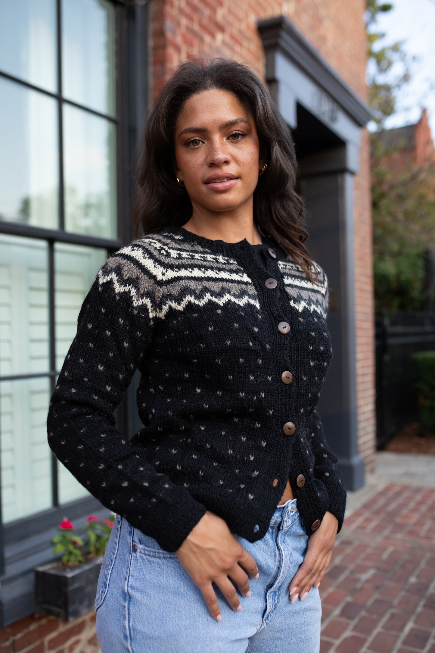 Hand Knit Nepali Wool Florence Cardigan Sweater in Black Made to Order