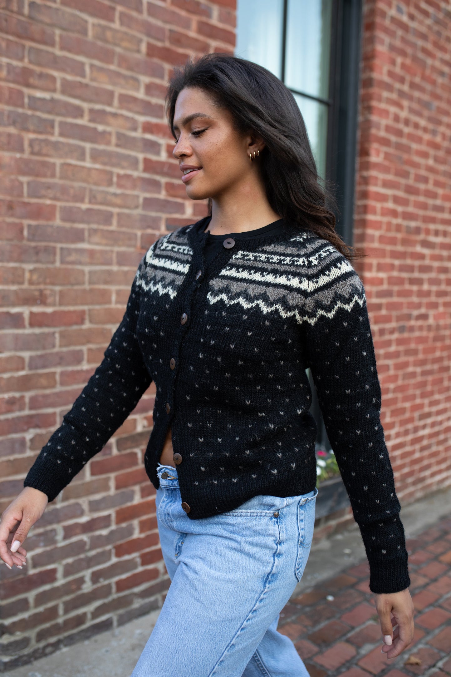 Hand Knit Nepali Wool Florence Cardigan Sweater in Black Made to Order