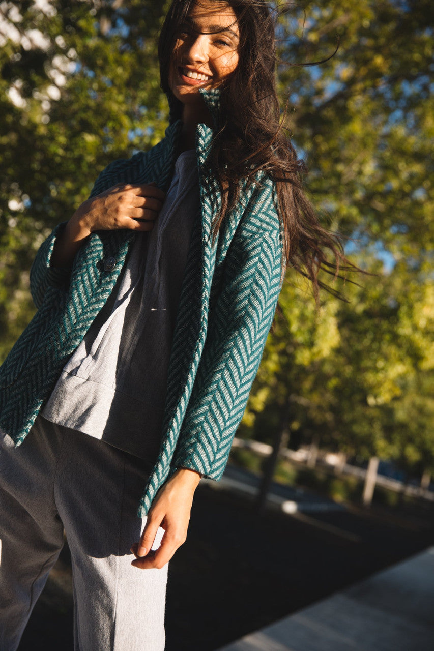 Portuguese Wool Pieper Coat in Teal Herringbone Made to Order