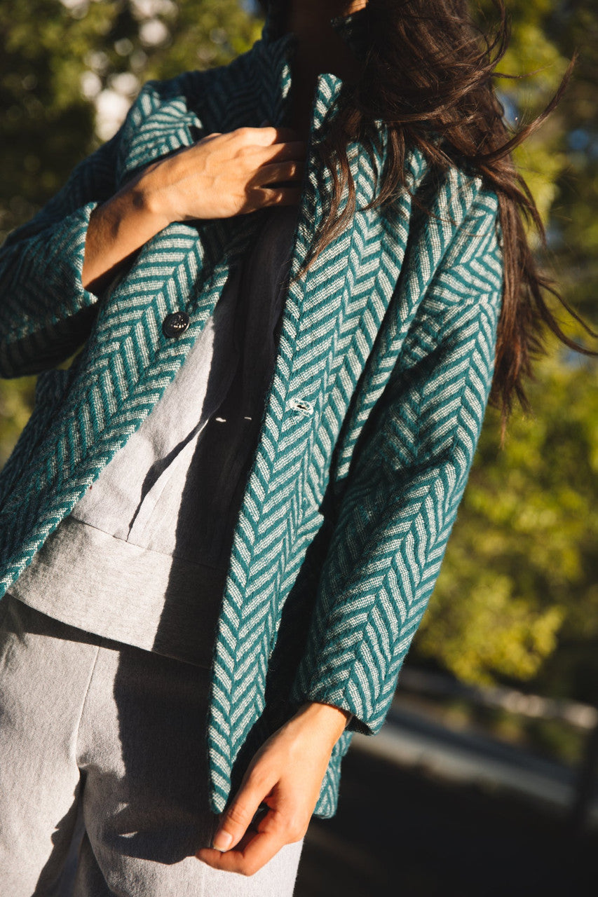 Portuguese Wool Pieper Coat in Teal Herringbone Made to Order