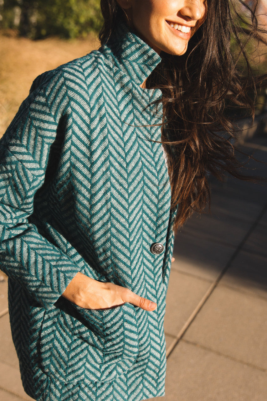 Portuguese Wool Pieper Coat in Teal Herringbone Made to Order