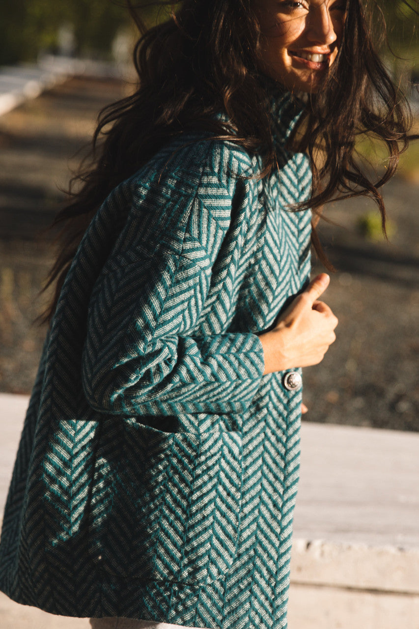 Portuguese Wool Pieper Coat in Teal Herringbone Made to Order