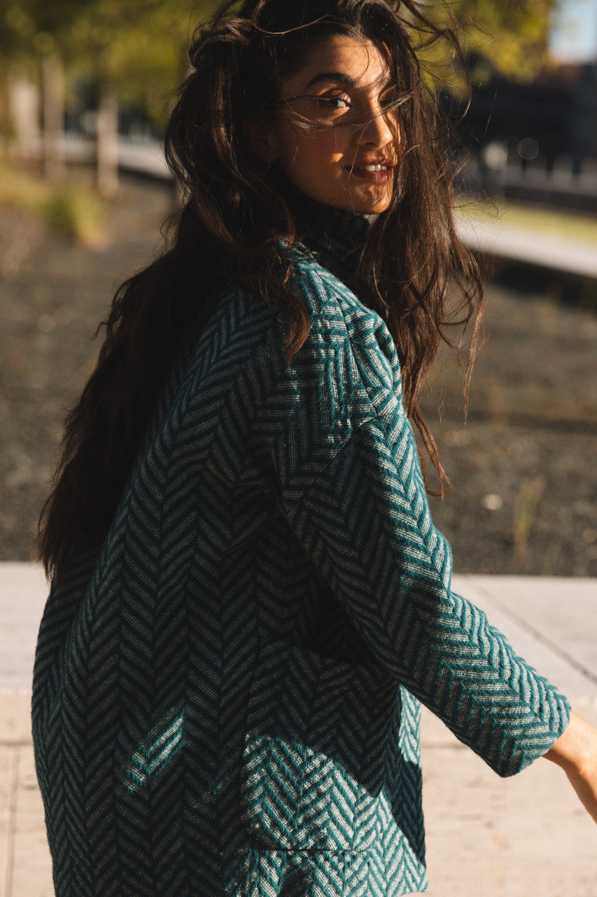Portuguese Wool Pieper Coat in Teal Herringbone Made to Order