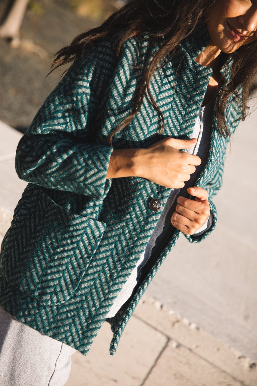 Portuguese Wool Pieper Coat in Teal Herringbone Made to Order