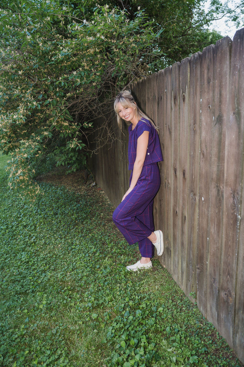 Handwoven Cotton Pants in Plum Check