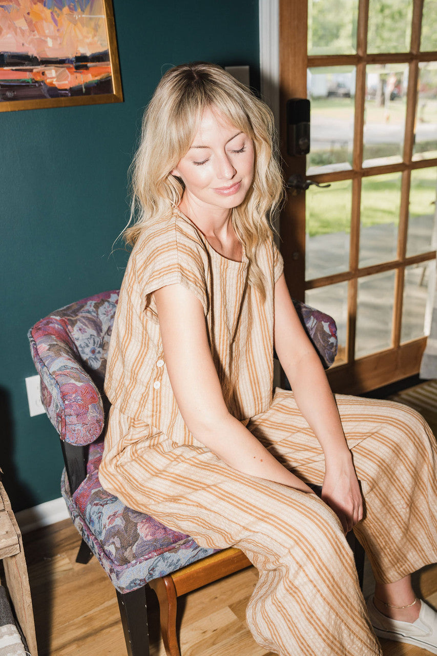Katie Handwoven Cotton Set in Mustard and Cream Stripe Made to Order