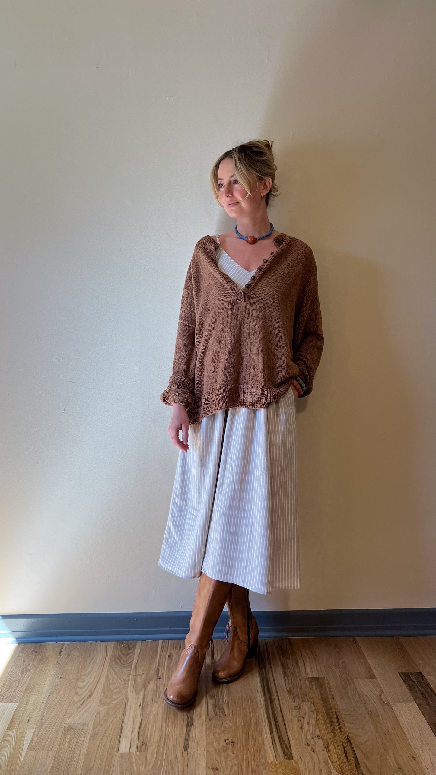Faro Dress in Recycled Beige and White Linen Made to Order