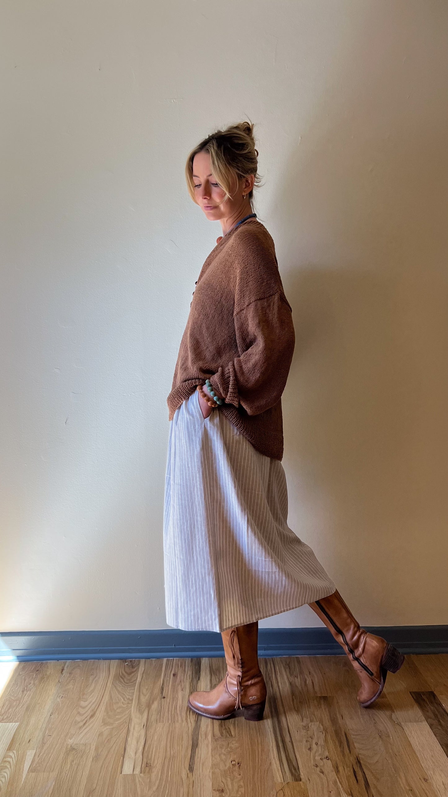 Faro Dress in Recycled Beige and White Linen Made to Order