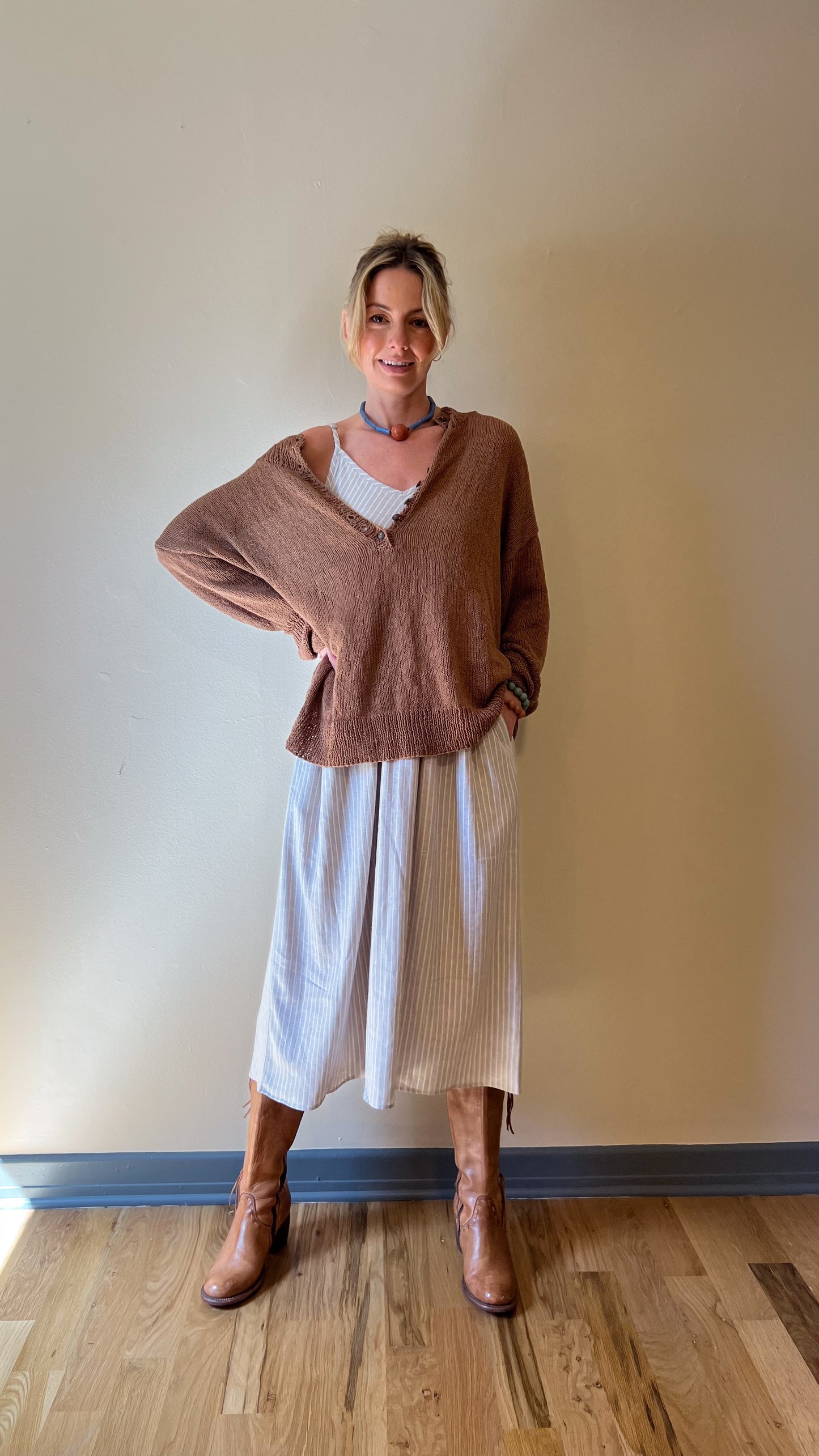 Faro Dress in Recycled Beige and White Linen Made to Order
