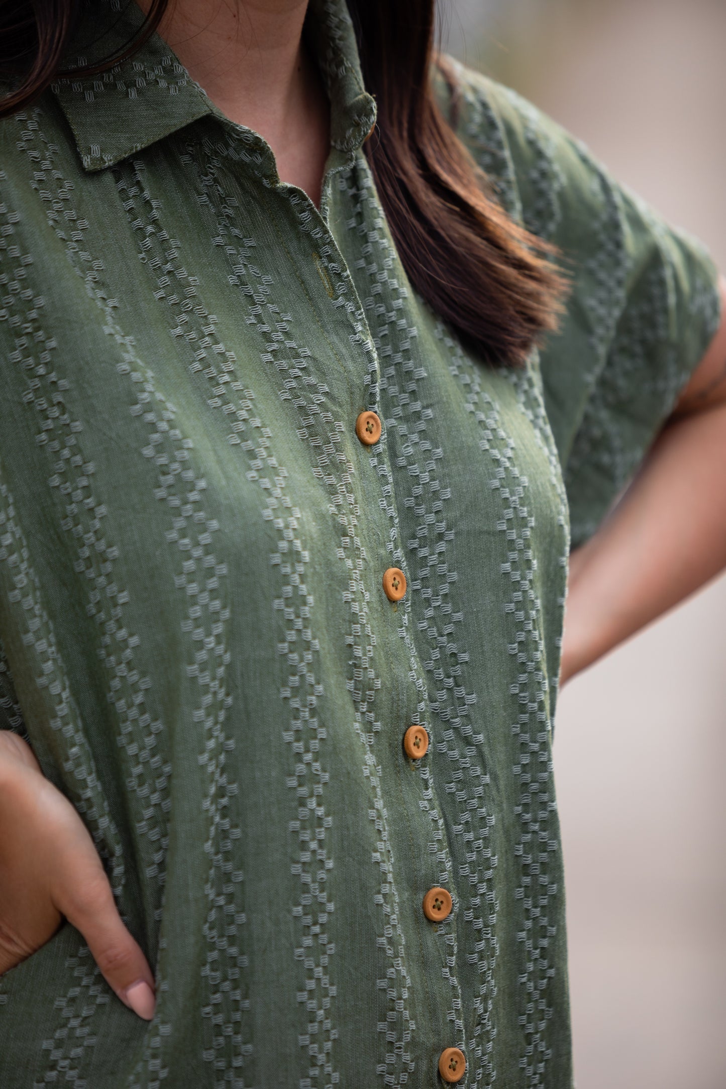 Paige Handwoven Cotton Relaxed Shirt Dress in Green Check