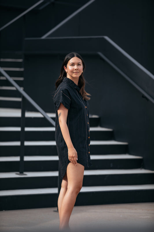 Paige Handwoven Cotton Relaxed Shirt Dress in Black Made to Order