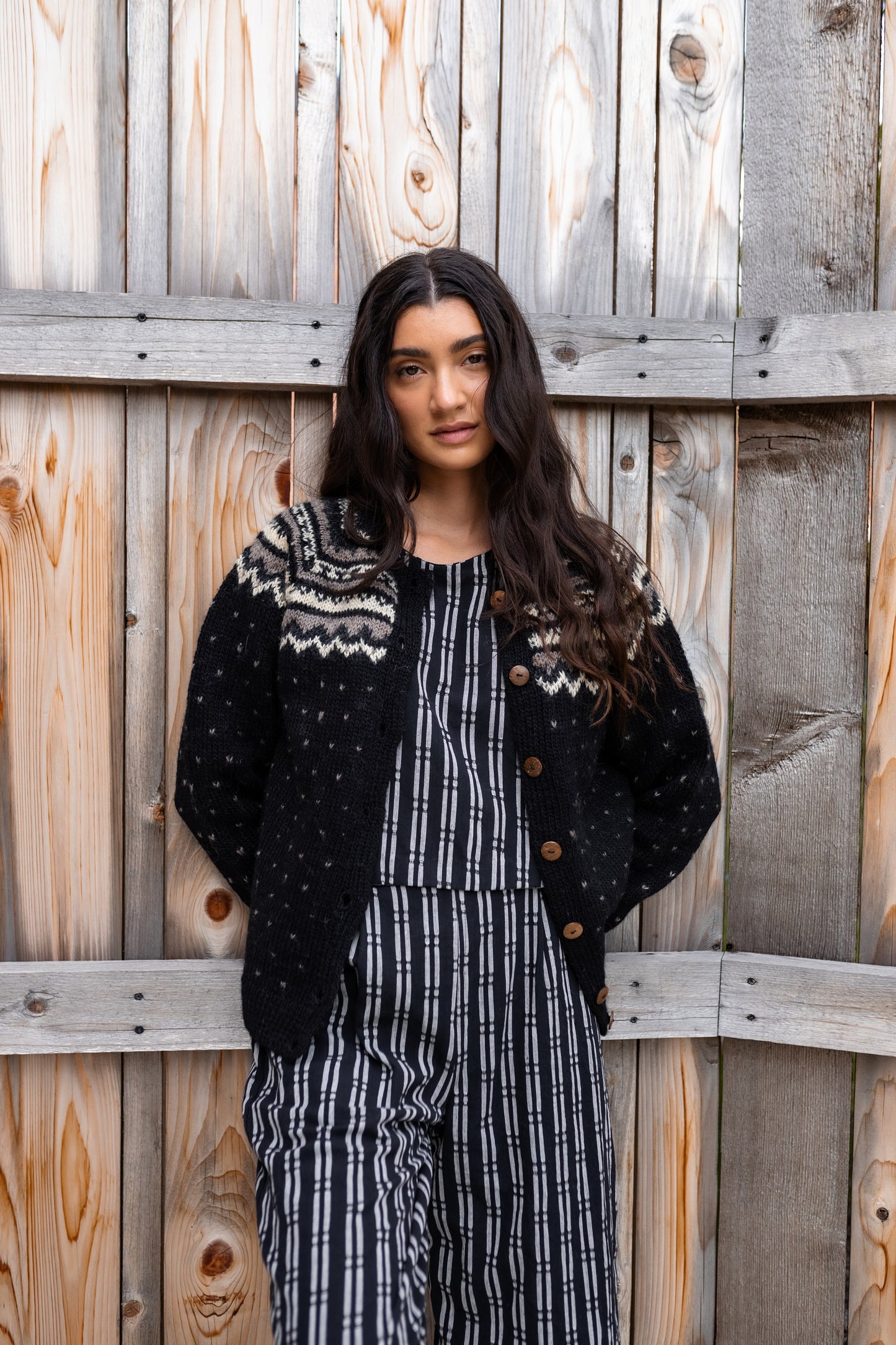 Hand Knit Nepali Wool Florence Cardigan Sweater in Black Made to Order