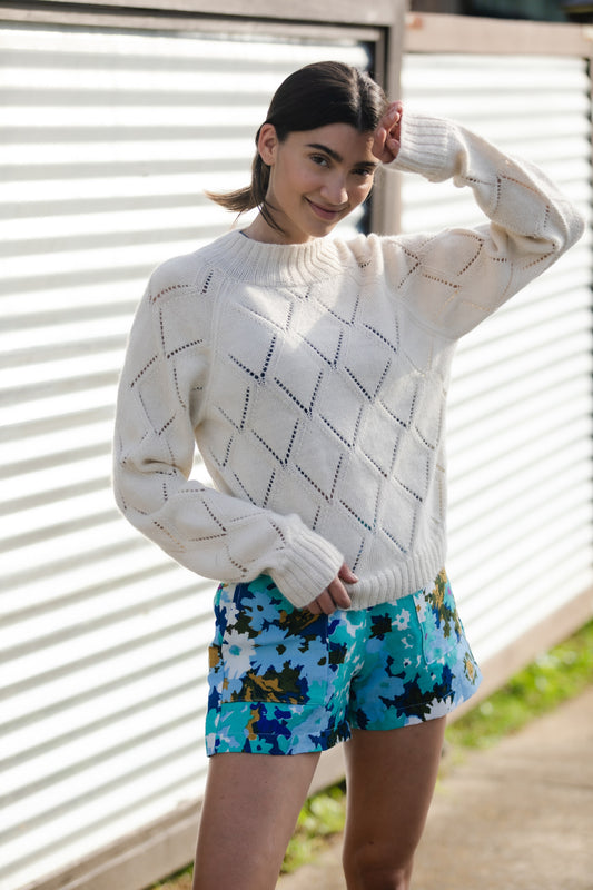 Baby Alpaca Lace Knit Mock Pullover in Eggshell