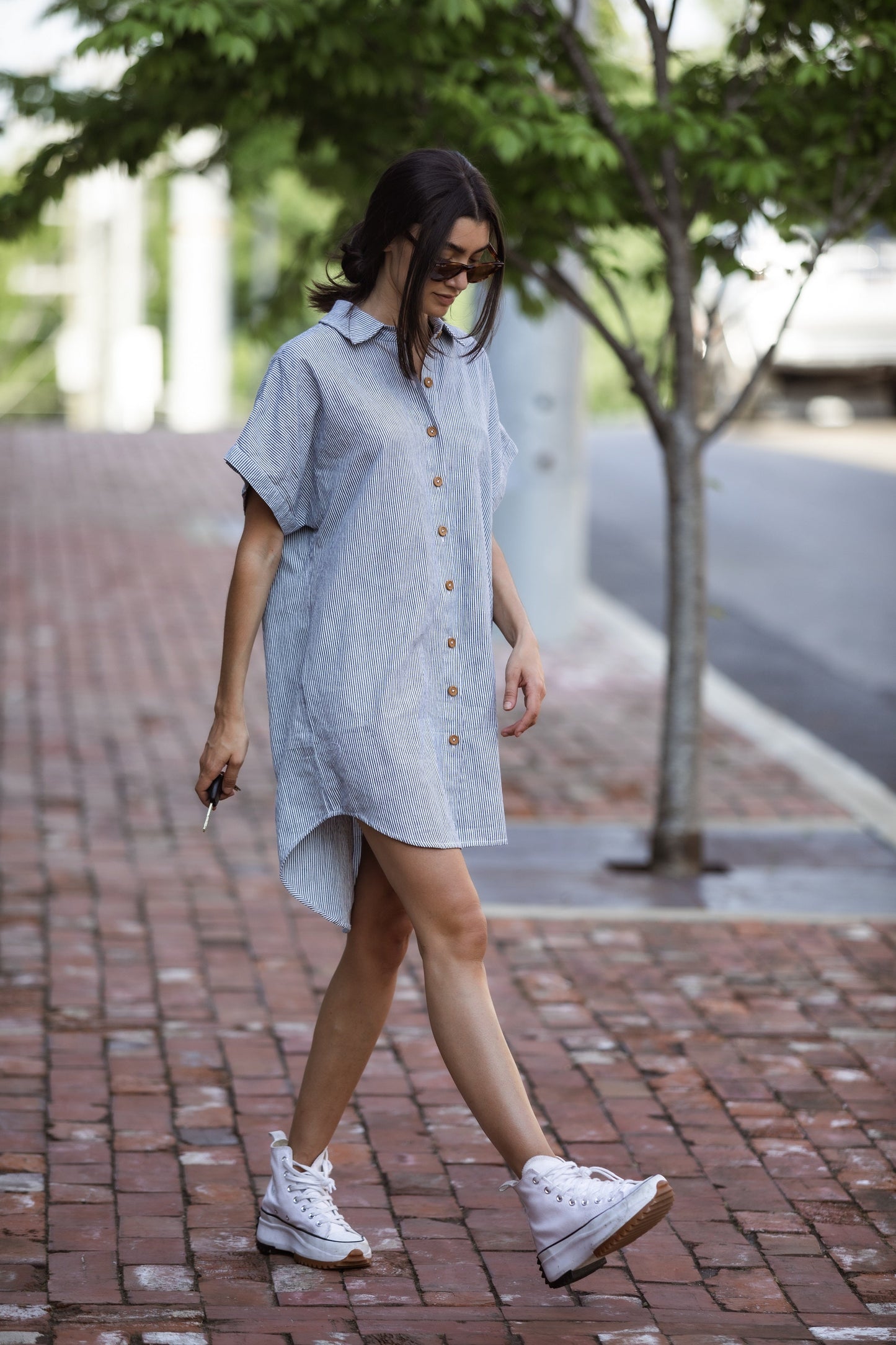 Paige Handwoven Cotton Relaxed Shirt Dress in Mauve and Dust Stripe