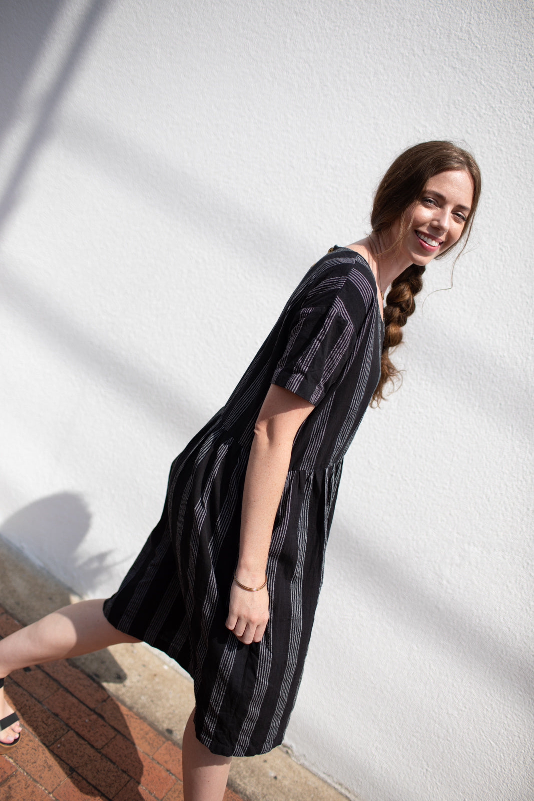 Eloise Handwoven Cotton Dress in Silver - M Long Dress Left