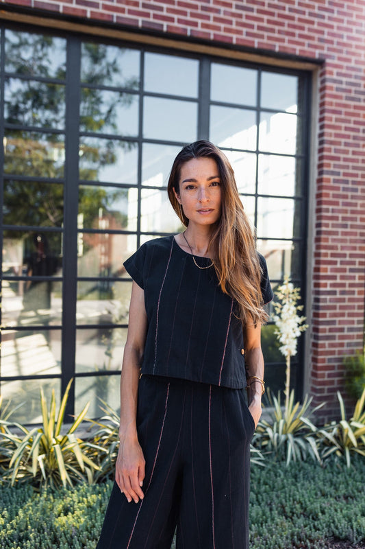 Katie Handwoven Cotton Black Cropped Shirt