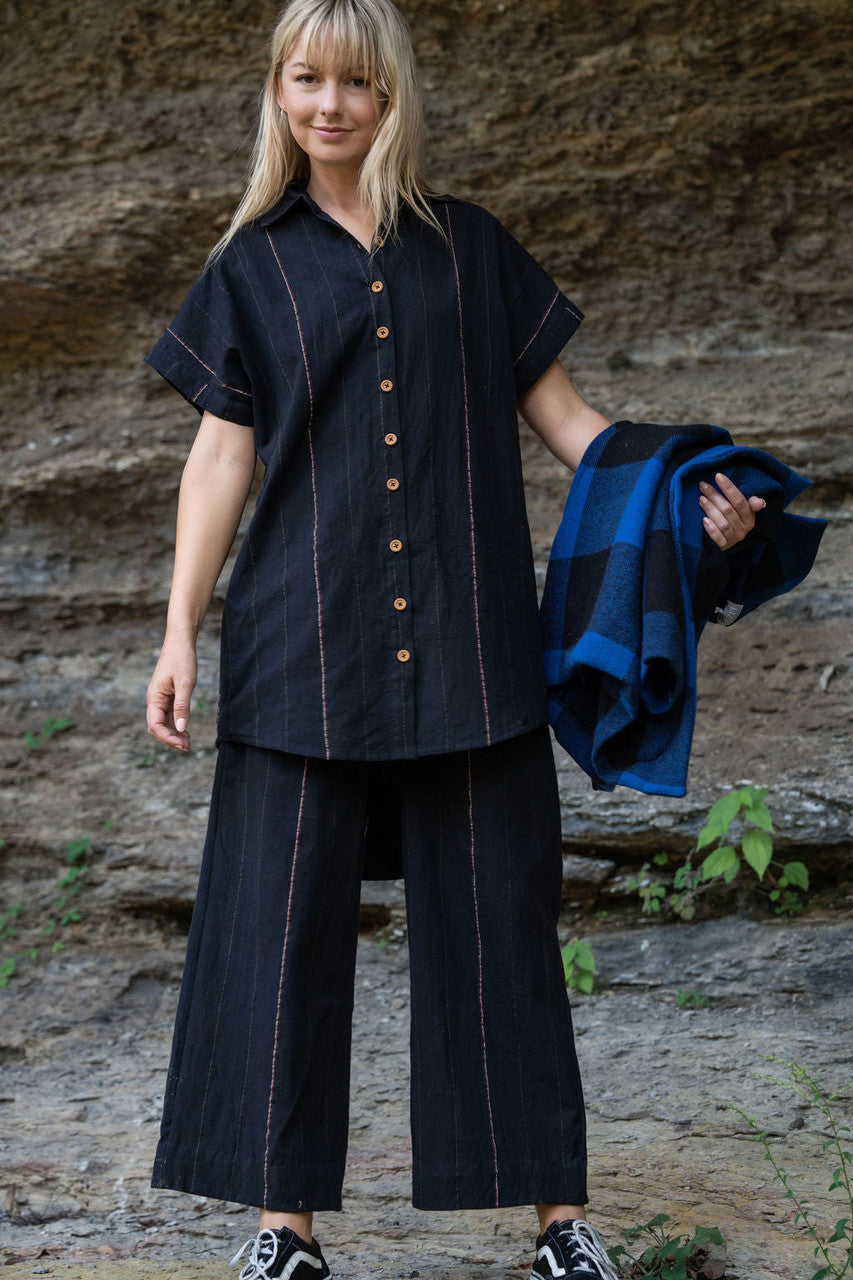 Katie Handwoven Cotton Black Cropped Shirt