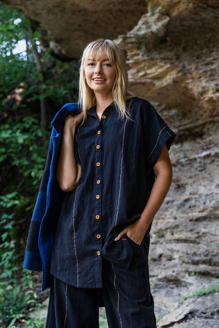 Katie Handwoven Cotton Black Cropped Shirt