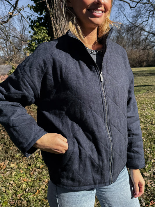 Jamie Linen Quilted Jacket in Navy Made to Order