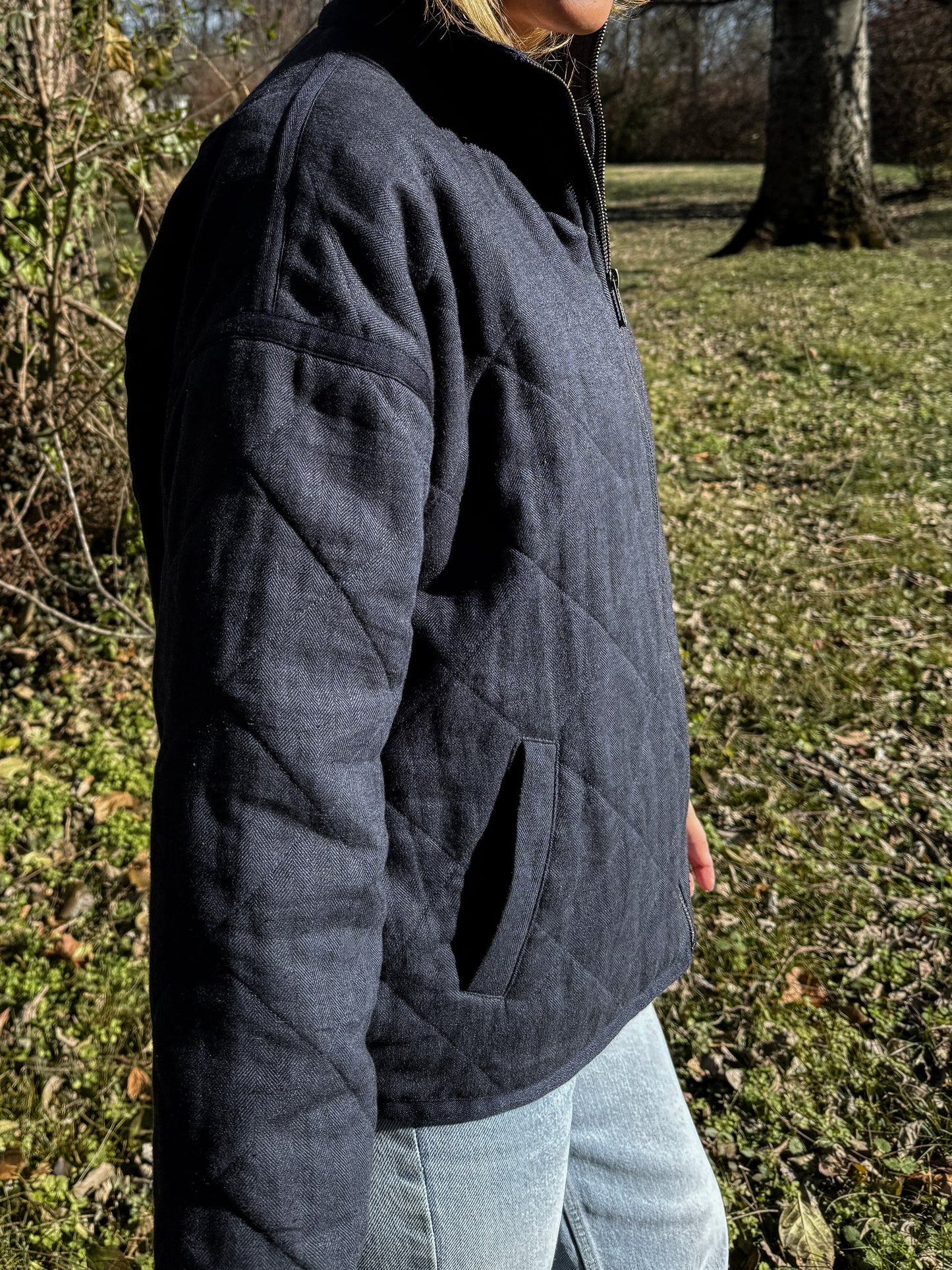 Jamie Linen Quilted Jacket in Navy Made to Order