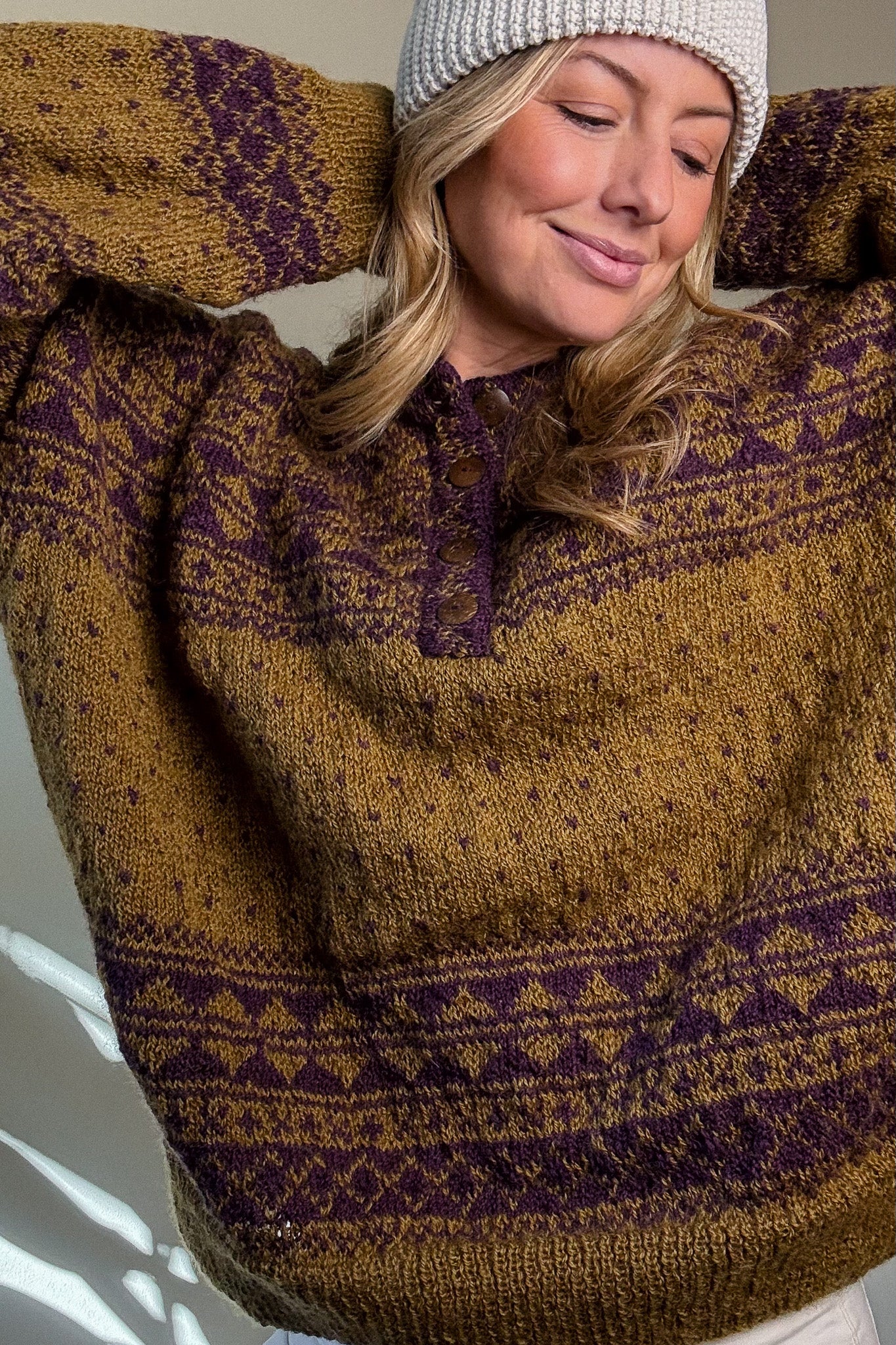 Imogene Oversized Wool Henley in Snowflake Print