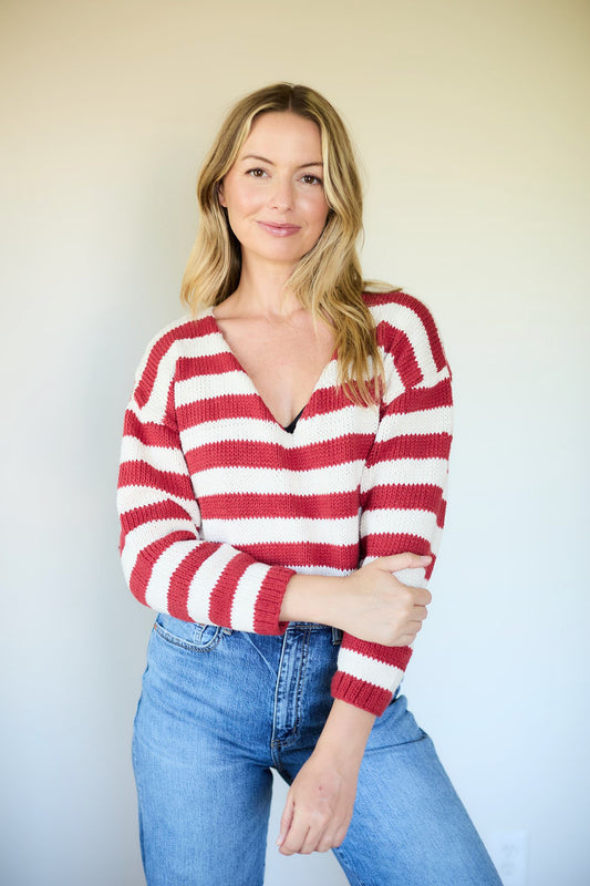 Patty Striped Cotton Pullover in Red and White Made to Order