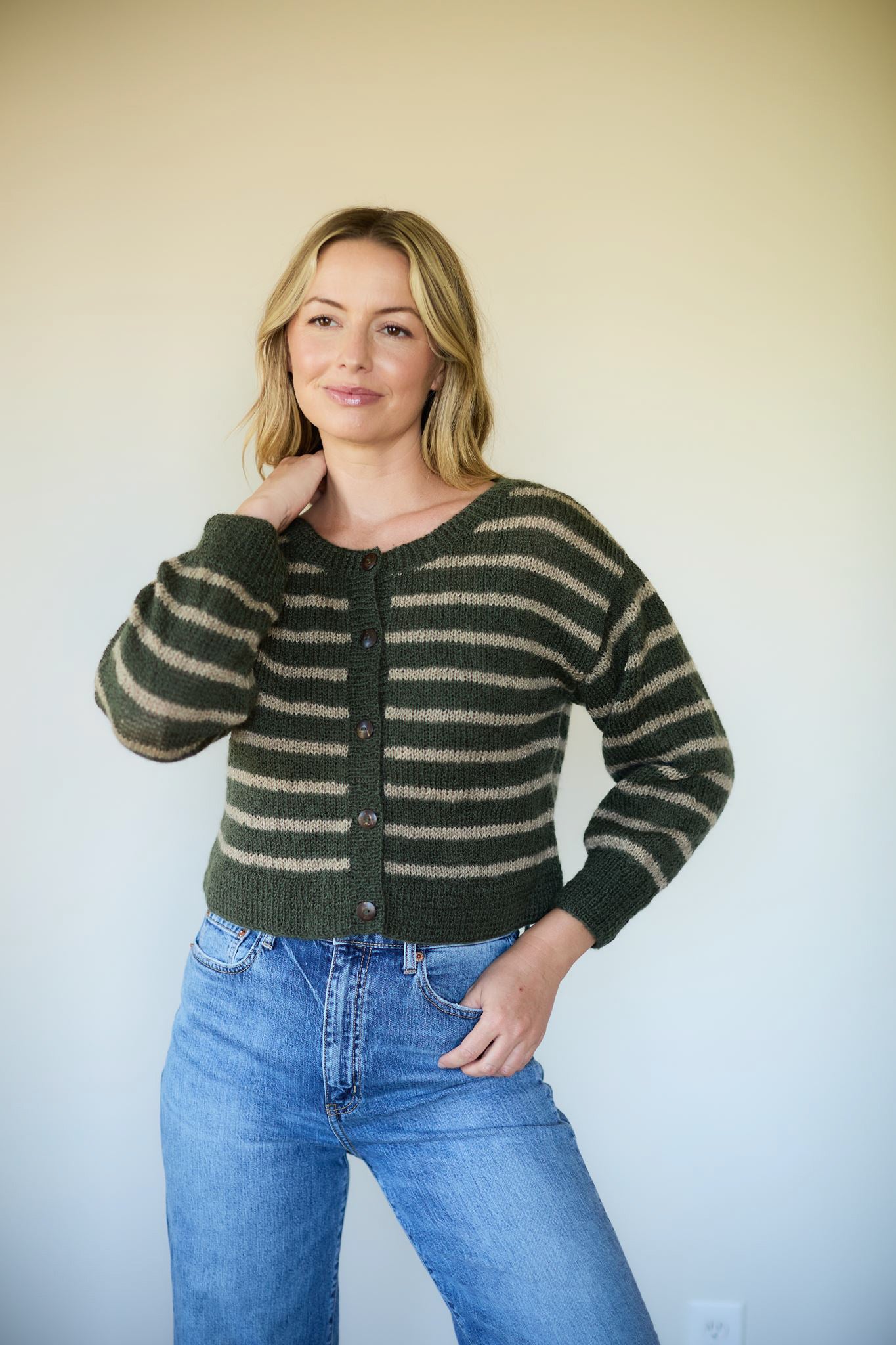 Leota Striped Wool Cardigan in Chestnut and Red Made to Order