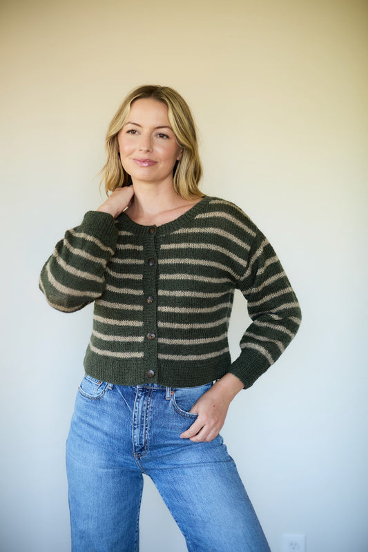 Leota Striped Wool Cardigan in Green and Beige Made to Order