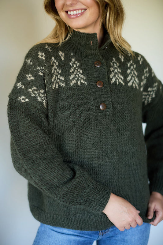 Imogene Oversized Wool Henley in Fern Made to Order
