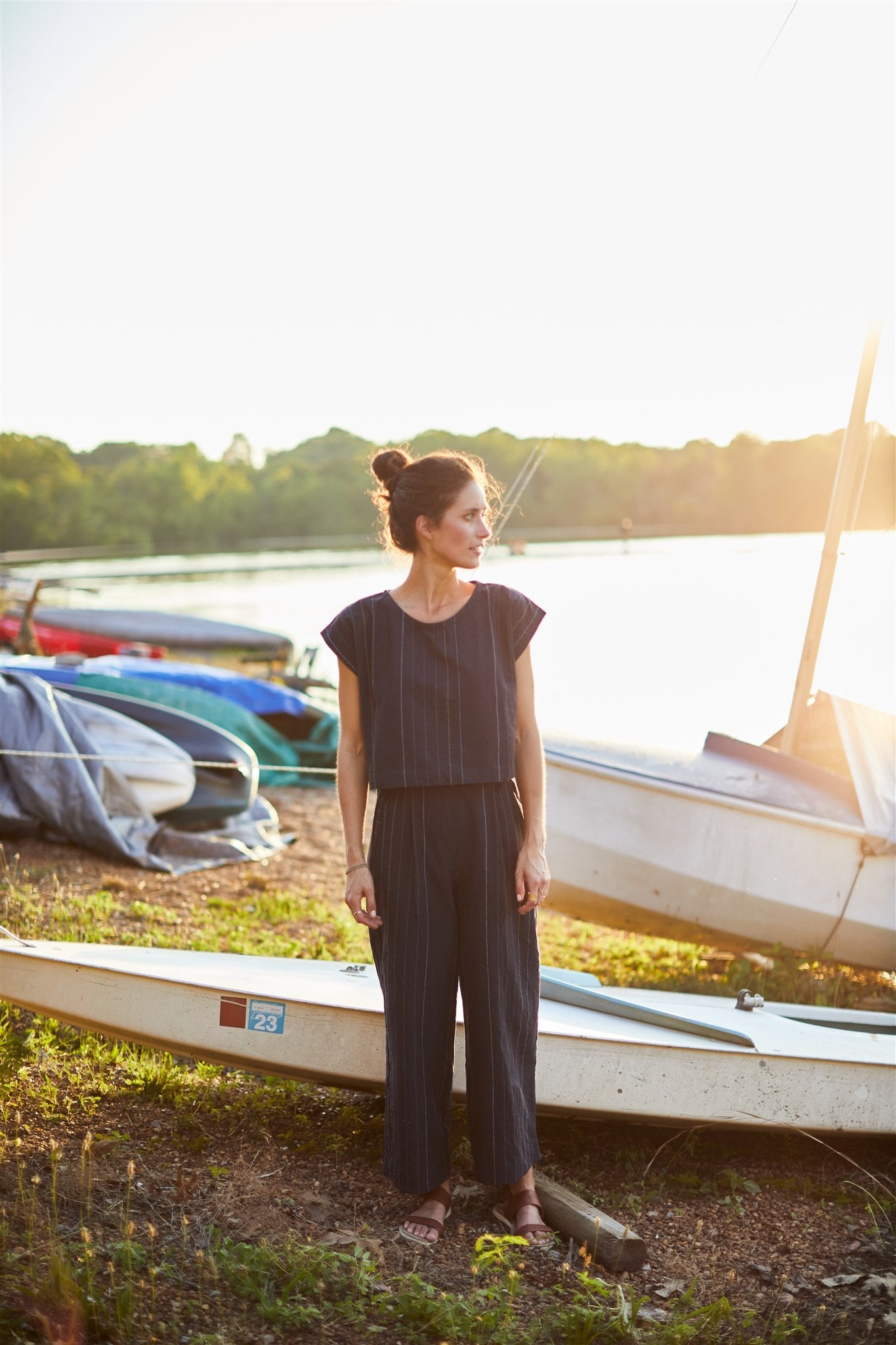 Katie Handwoven Cotton Crop Set in Navy Pin Stripe - Pre-Order 2/30