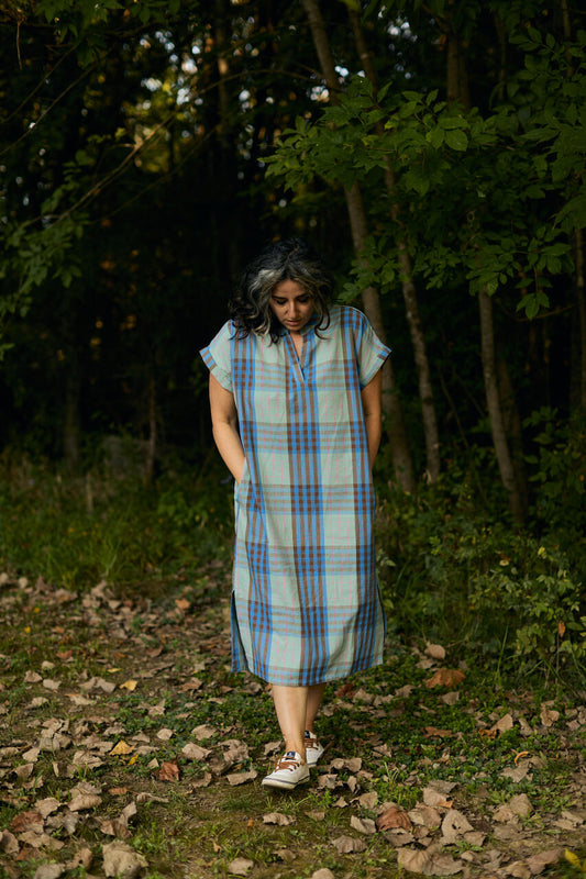 Paula Handwoven Cotton Tunic Dress in Teal Plaid - Pre-Order 2/30