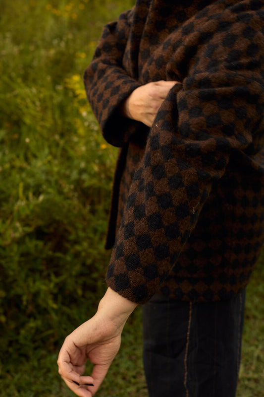 Portuguese Wool Pieper Coat in Black and Brown Check Made to Order