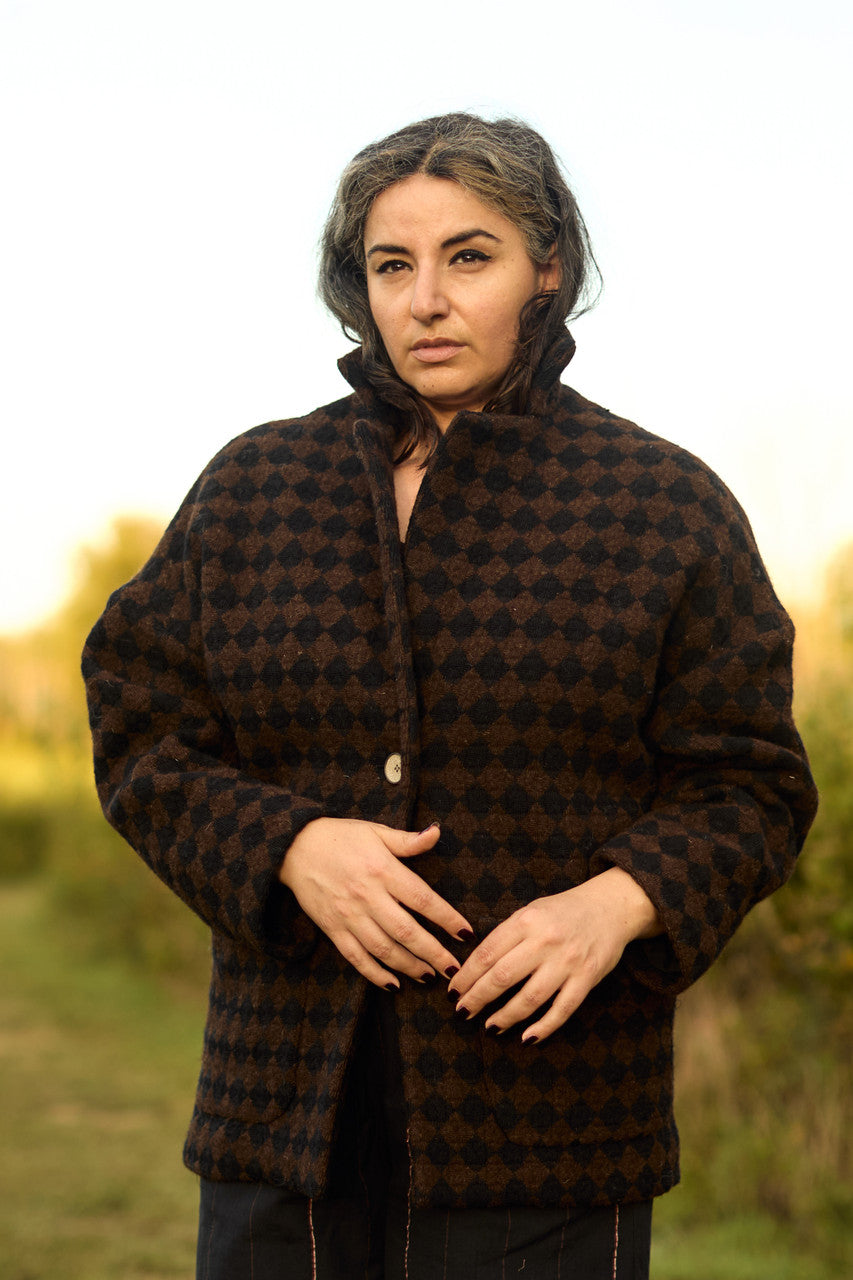 Portuguese Wool Pieper Coat in Black and Brown Check - Pre-Order 1/30