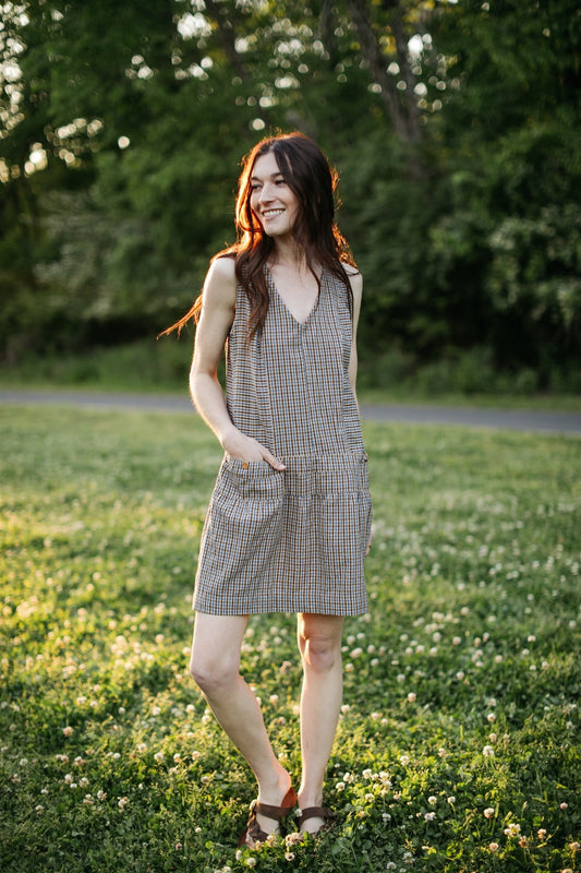 Handwoven Bina Dress in Brown and Blue Plaid - Pre-Order 2/30