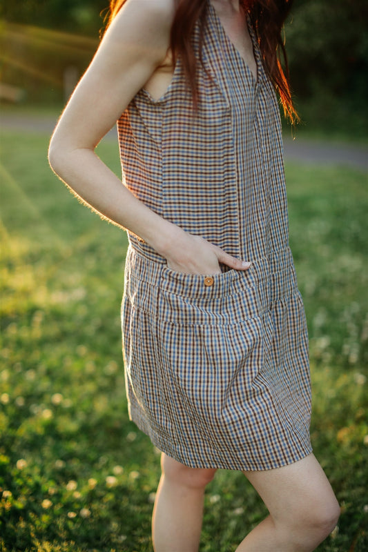 Handwoven Bina Dress in Brown and Blue Plaid - Pre-Order 2/30