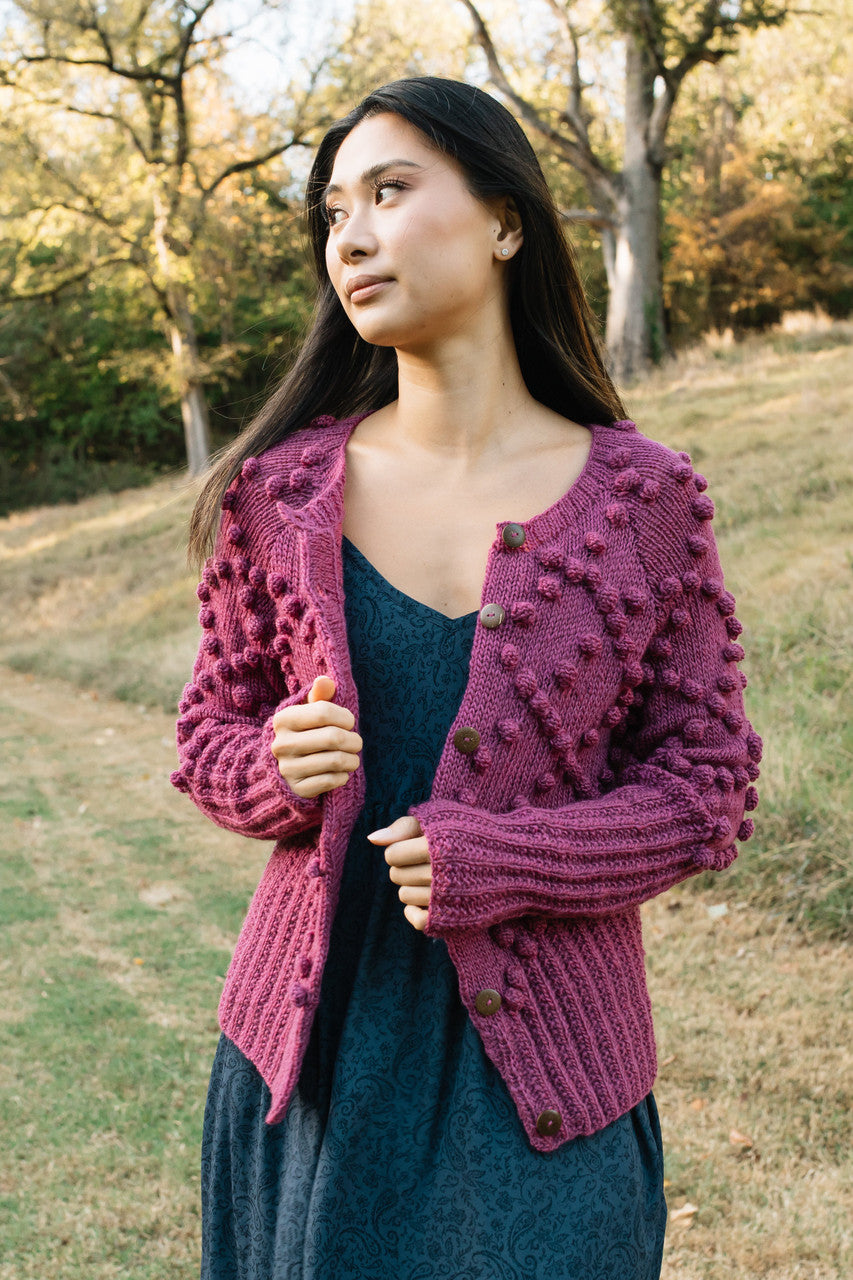 Hand Knit Nepali Wool Jill Sweater in Fuchsia