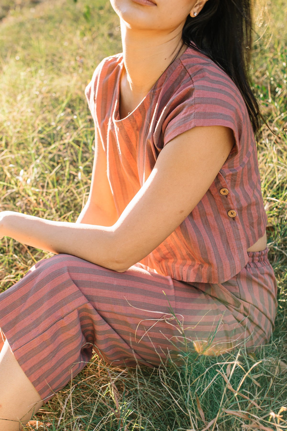 Katie Handwoven Cotton Mauve and Dust Stripe Made to Order
