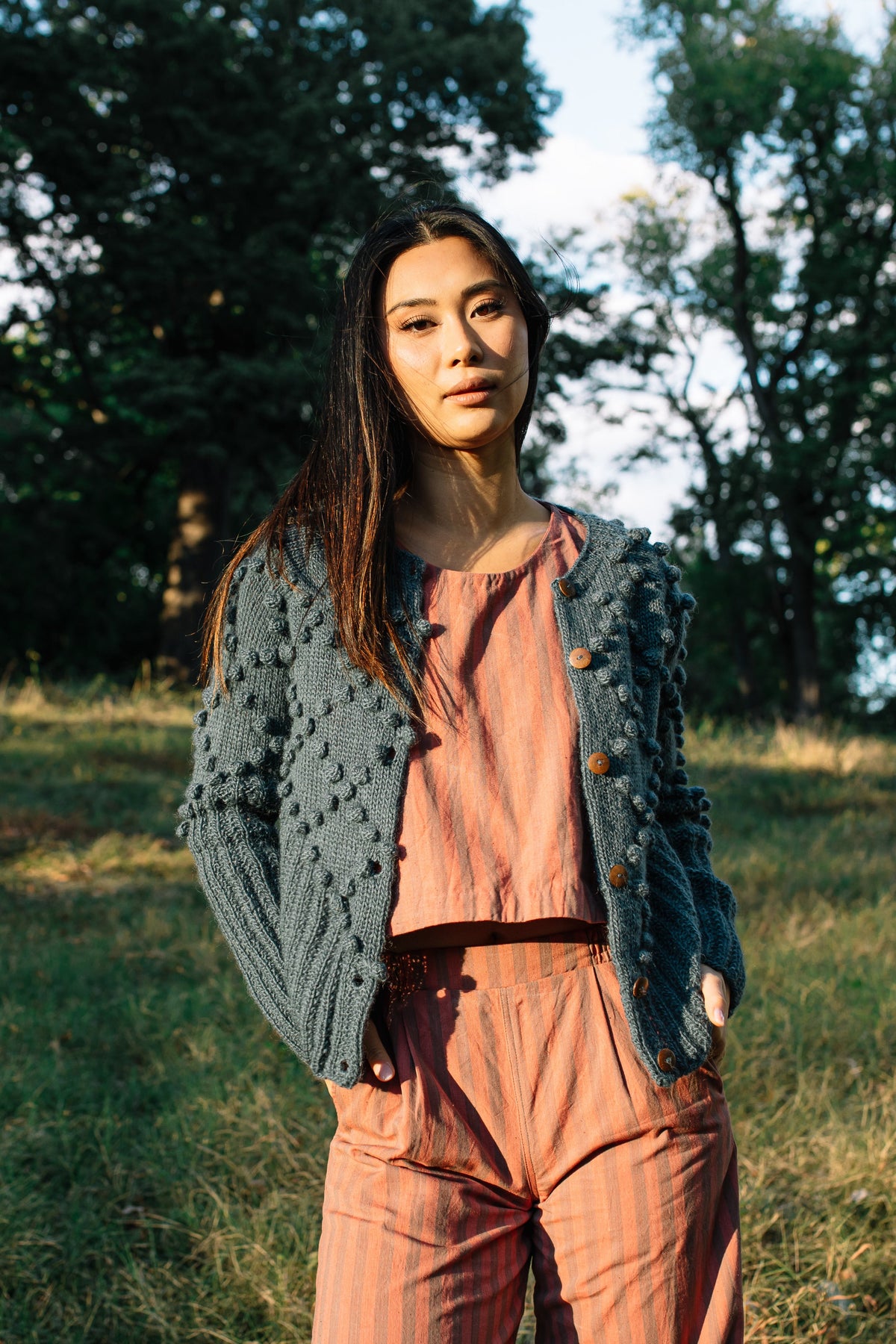 Katie Handwoven Cotton Mauve and Dust Stripe Made to Order