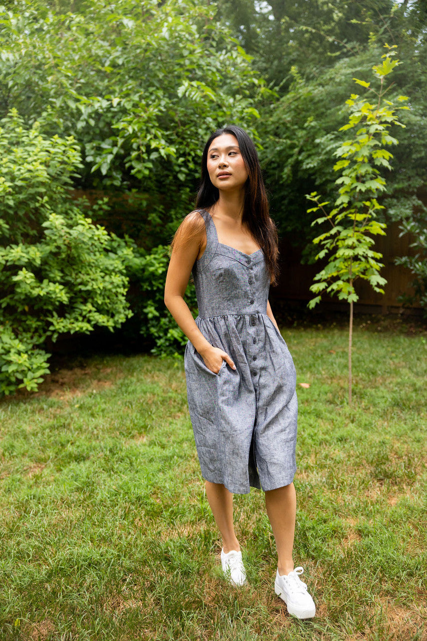 Mia Linen Dress in Grey/Blue Chambray