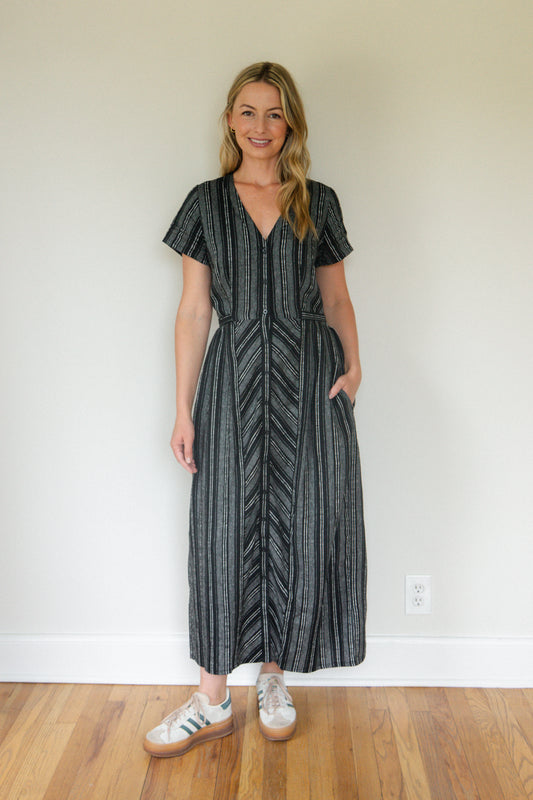 June Dress in Black and White Linen