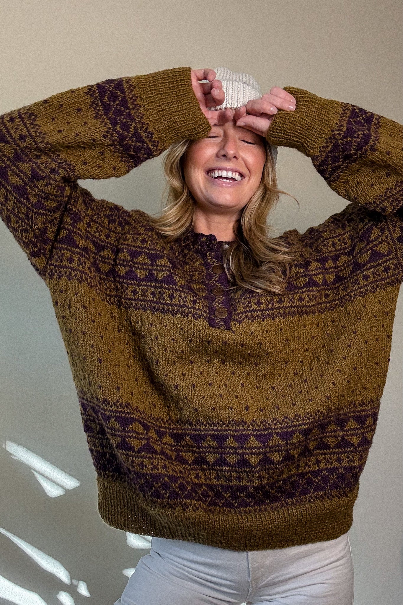 Imogene Oversized Wool Henley in Snowflake Print