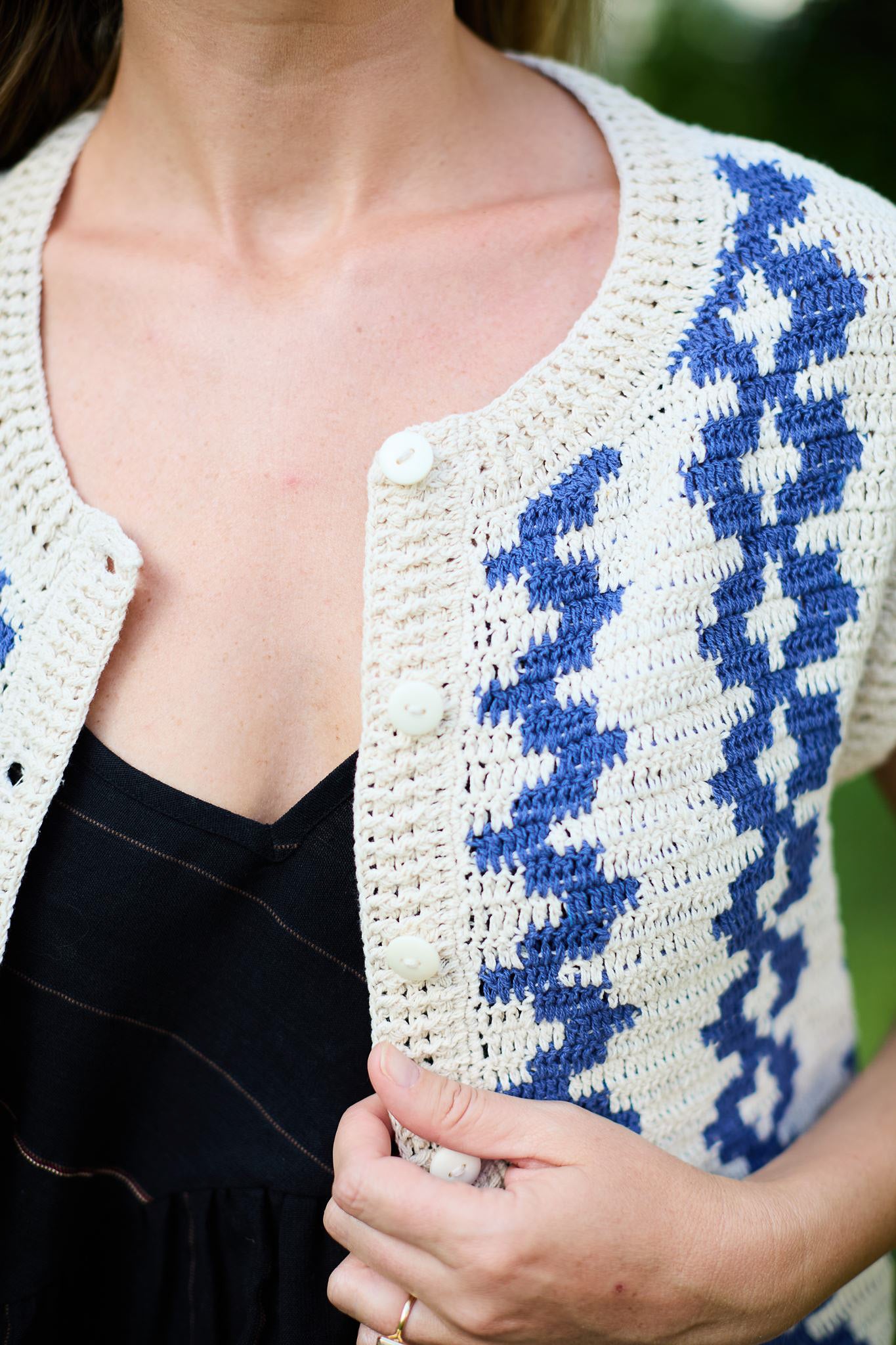 Martha Hand Knit Cotton Vest in Cream and Cobalt