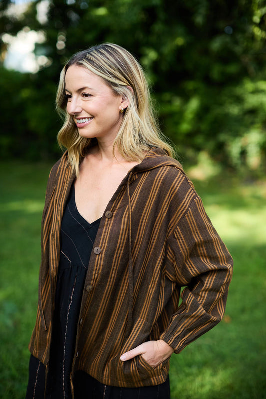 Maria Handwoven Cotton Jacket in Brown Stripe
