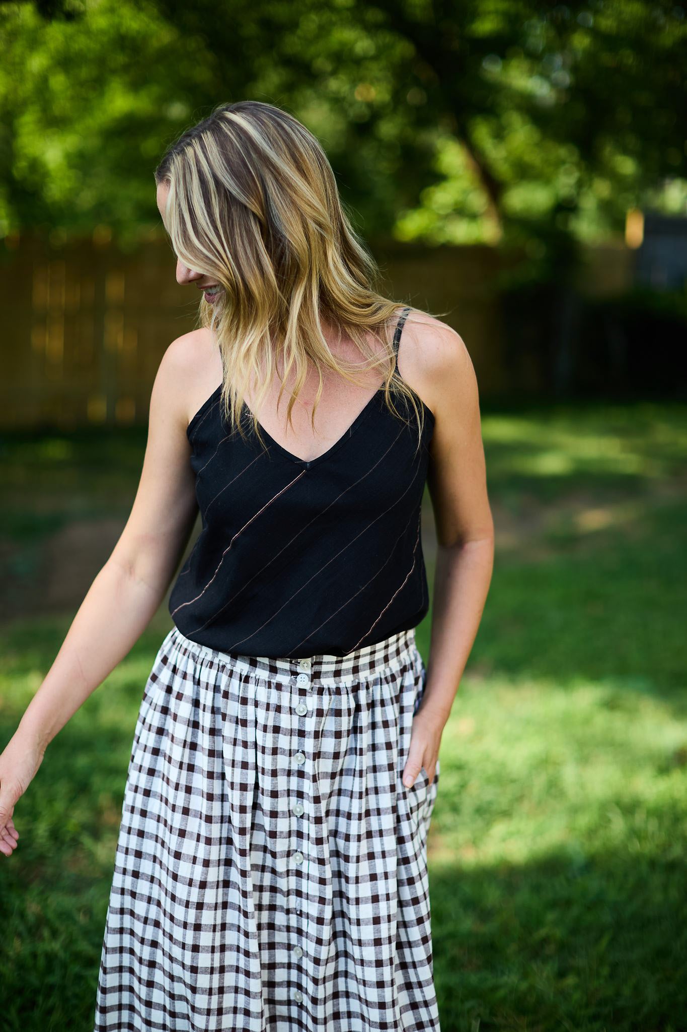 Bias Cut Tank in Black Handwoven Cotton