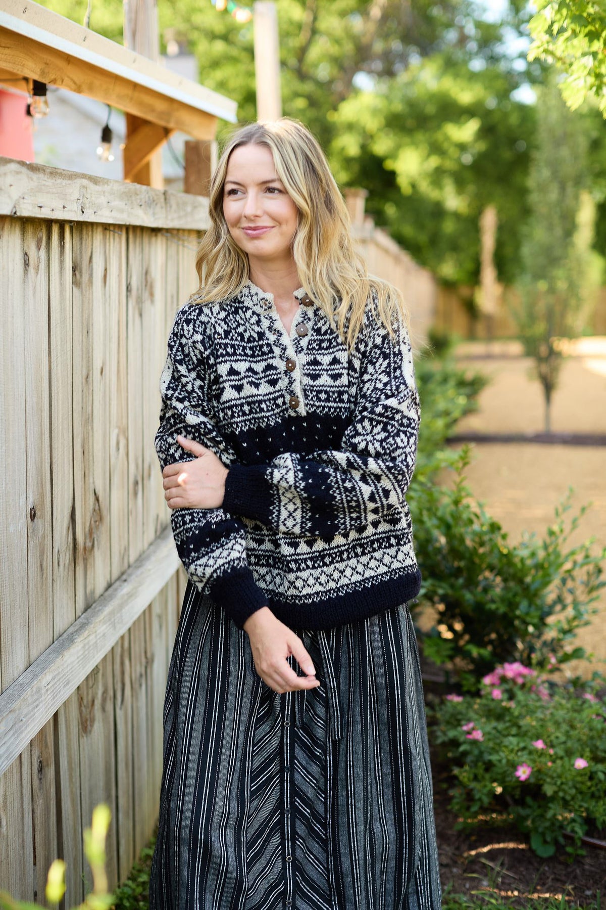 Imogene Oversized Wool Henley in Snowflake Print