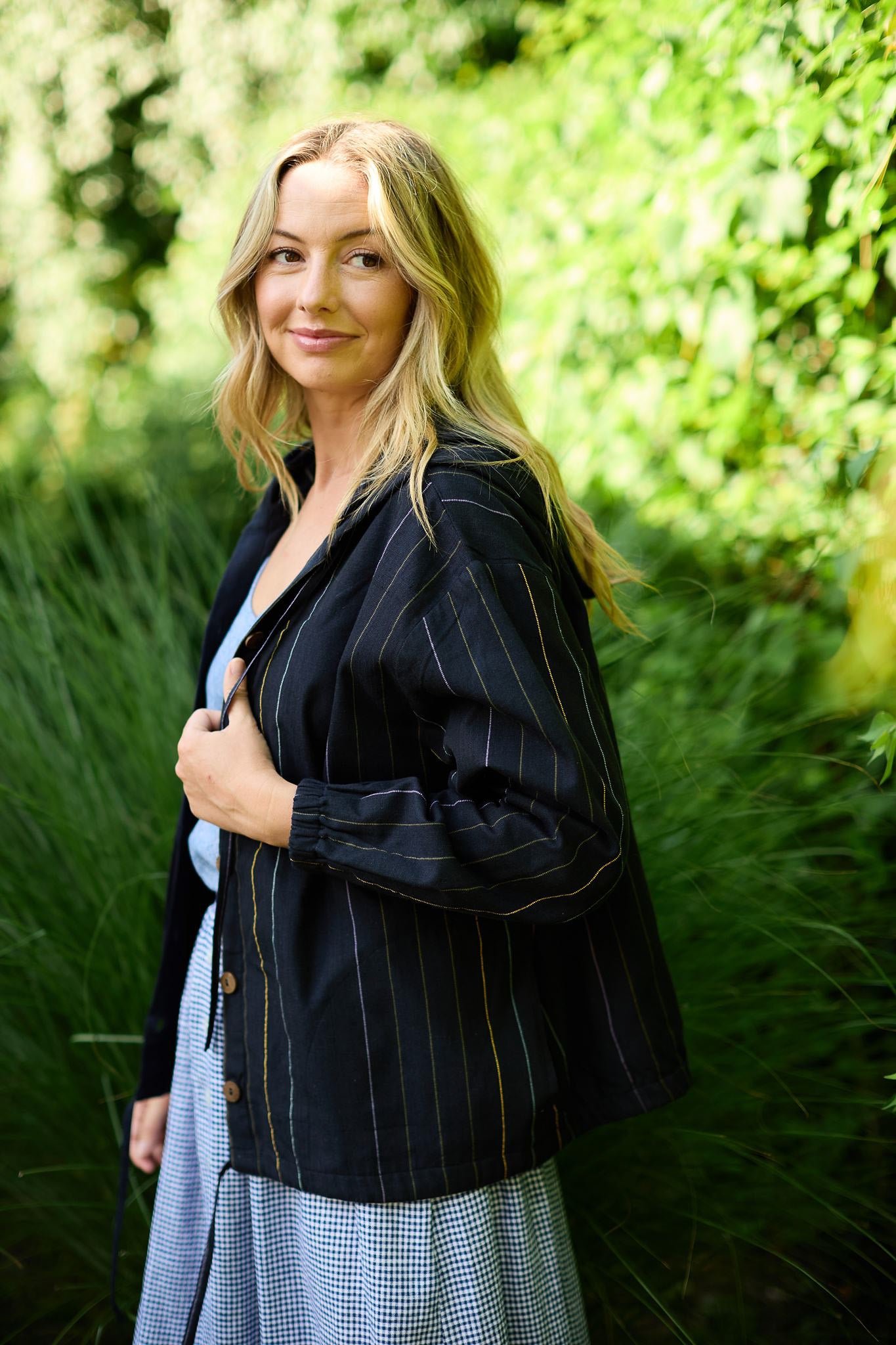 Maria Handwoven Cotton Jacket in Navy Handwoven Cotton