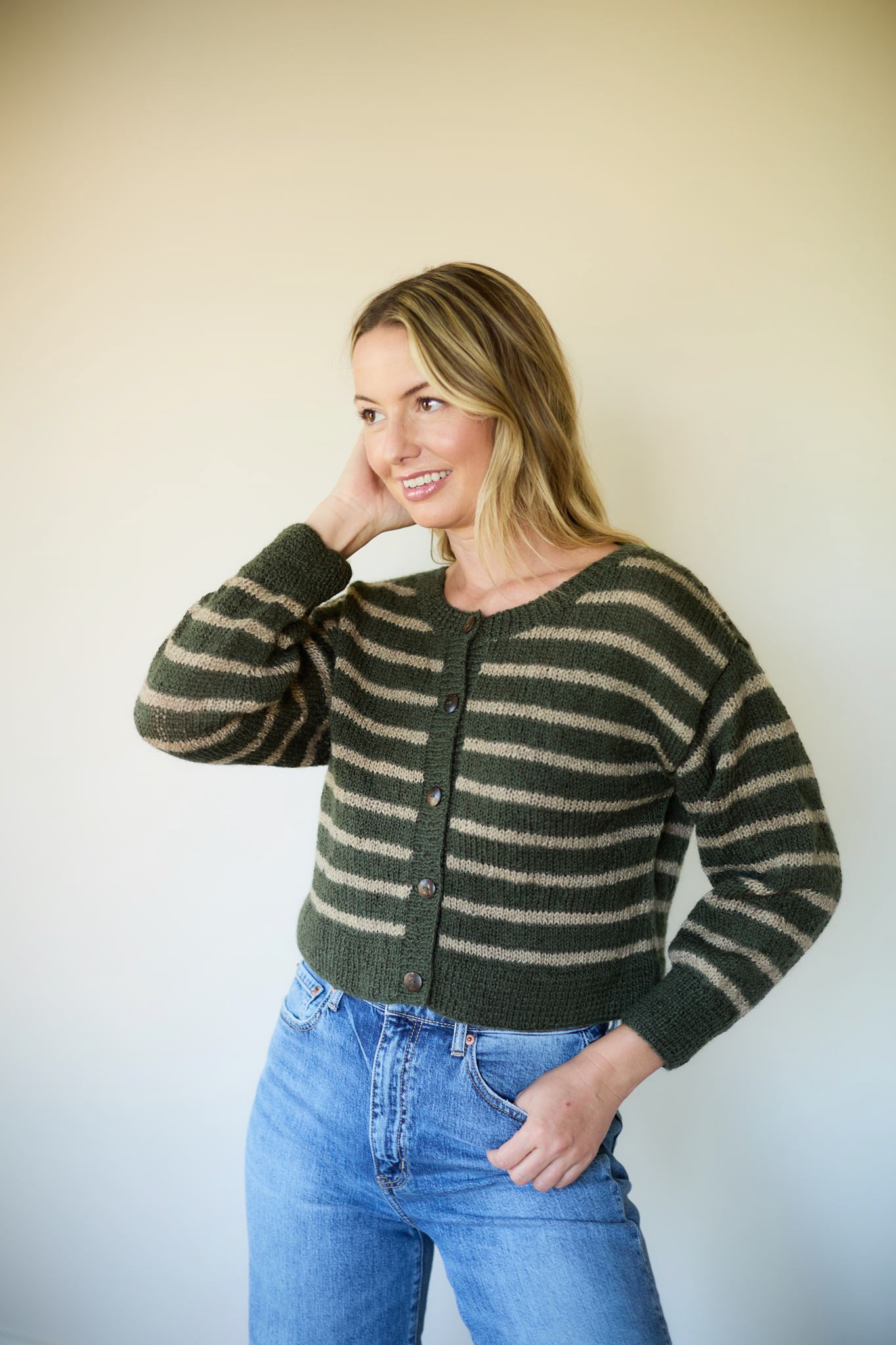 Leota Striped Wool Cardigan in Green and Beige Made to Order