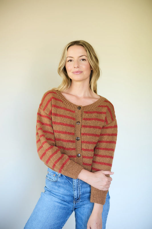Leota Striped Wool Cardigan in Chestnut and Red Made to Order