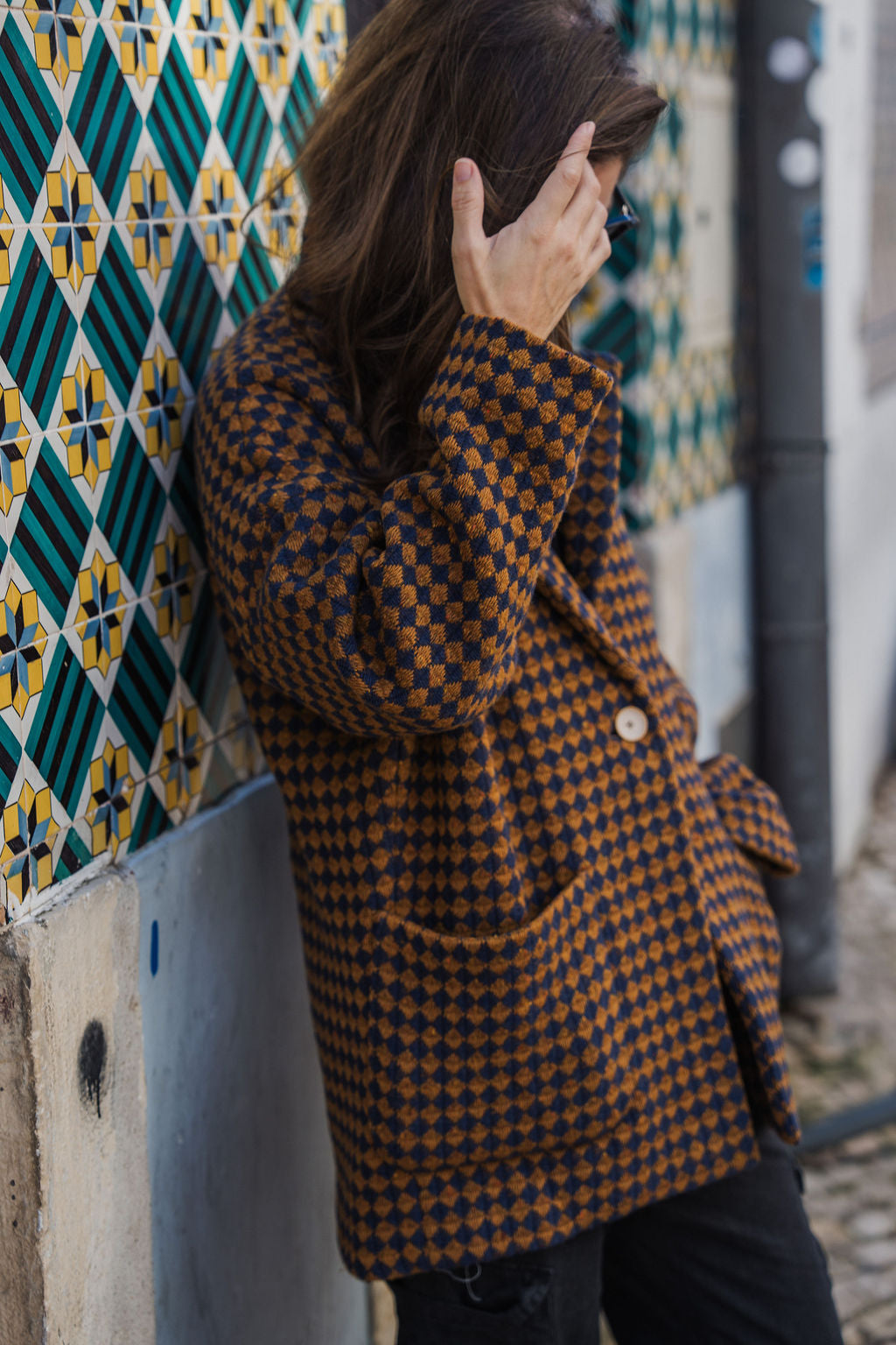 Portuguese Wool Pieper Coat in Brown and Navy Small Check Made to Order
